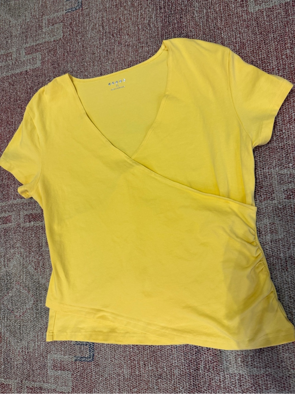Canary Yellow Faux wrap v neck cap sleeve ruched side cotton blend top size L/p